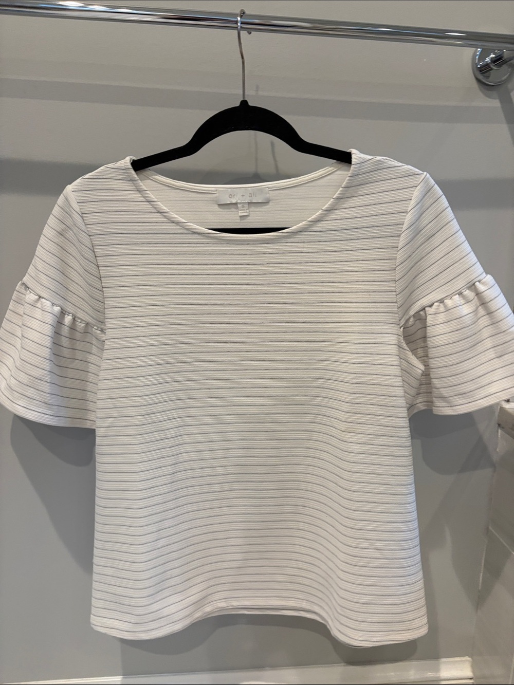 White and Navy Striped Ruffle Sleeve Top